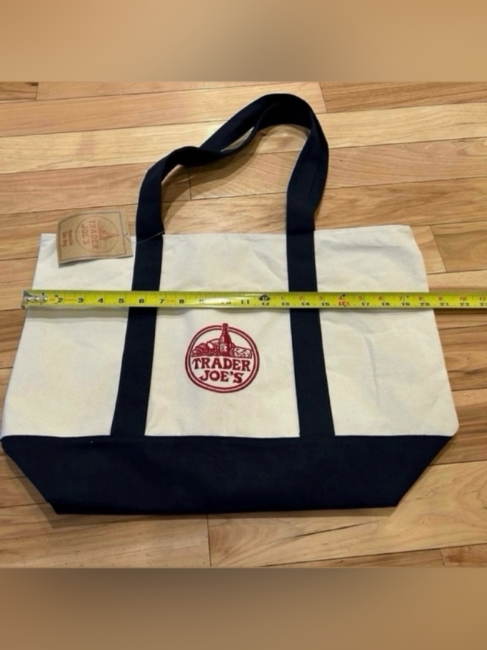 NWT Trader Joe's Reusable Canvas Tote Bag - White and Dark Blue with Red Logo - Picture 4 of 5